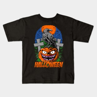 crow and halloween pumpkin head illustration Kids T-Shirt